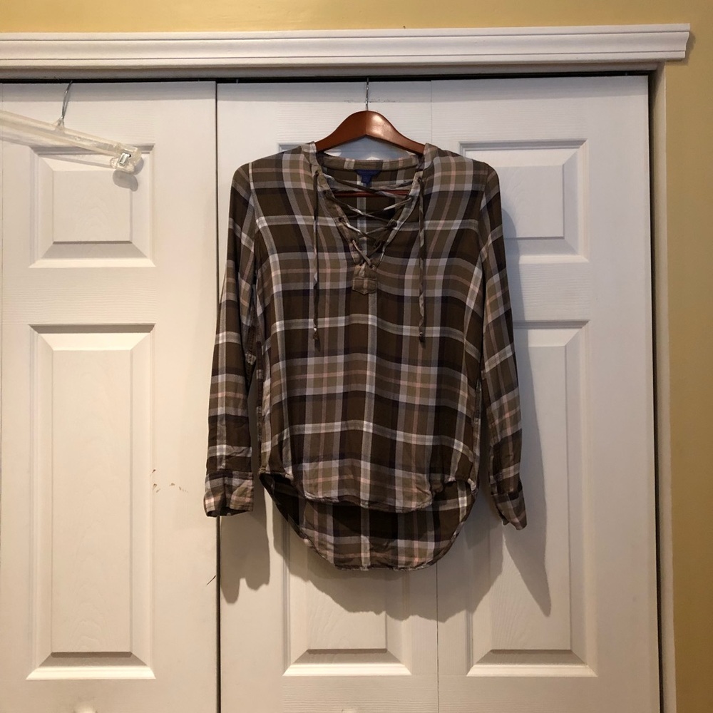 Aeropostale Olive Plaid Lace Up shirt